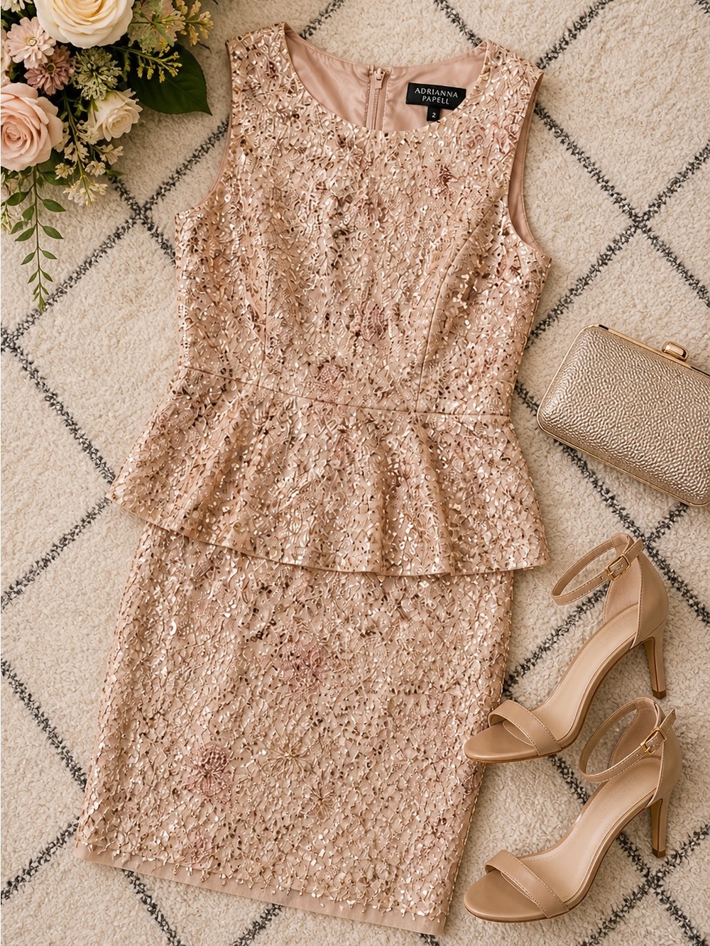 Adrianna Papell Nude Gold Peplum Sheath Dress Size 2 NWT
